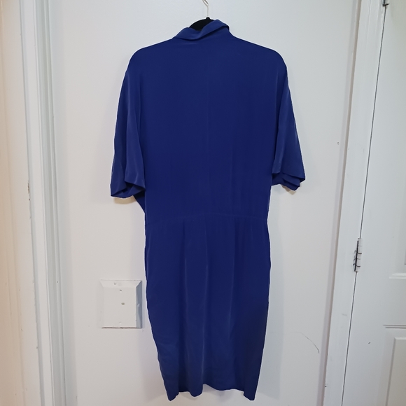 100% Silk Dress Blue Button Down Size 6 Pockets Midi - Picture 7 of 11